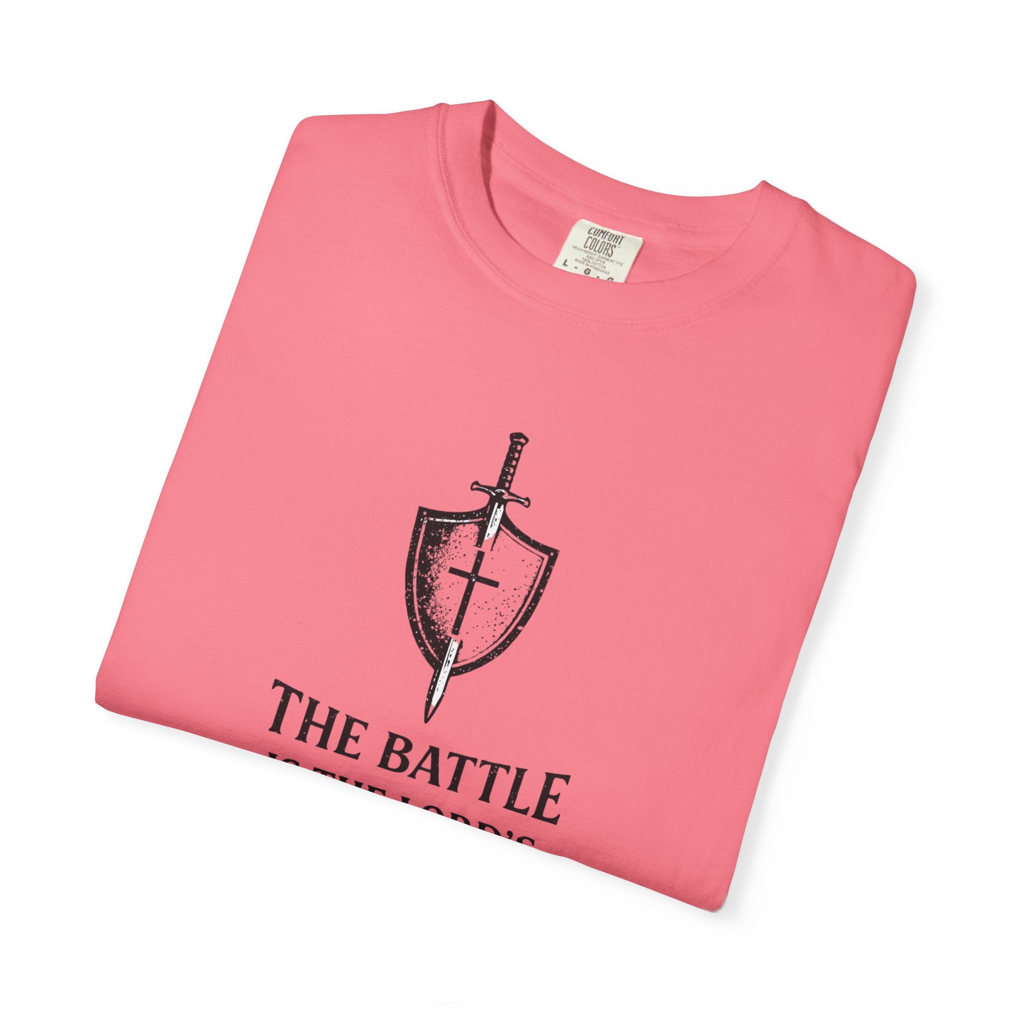Christian Sword & Shield T-Shirt — “The Battle Is The Lord’s” (1 Samuel 17:47)