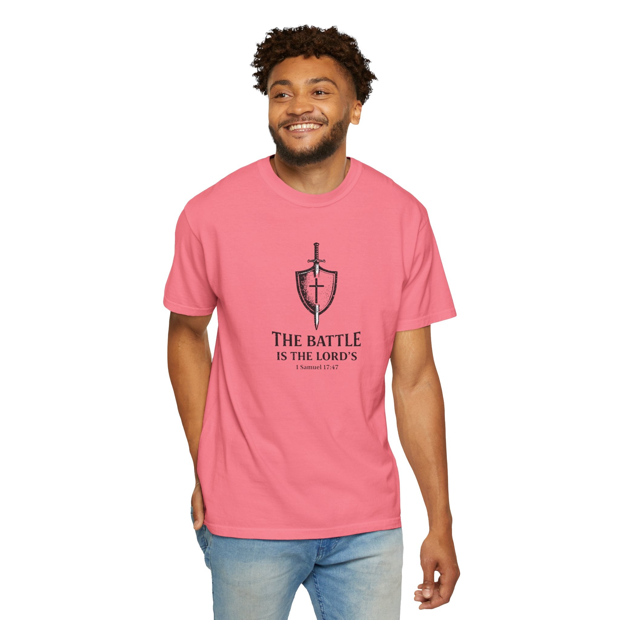 Christian Sword & Shield T-Shirt — “The Battle Is The Lord’s” (1 Samuel 17:47)