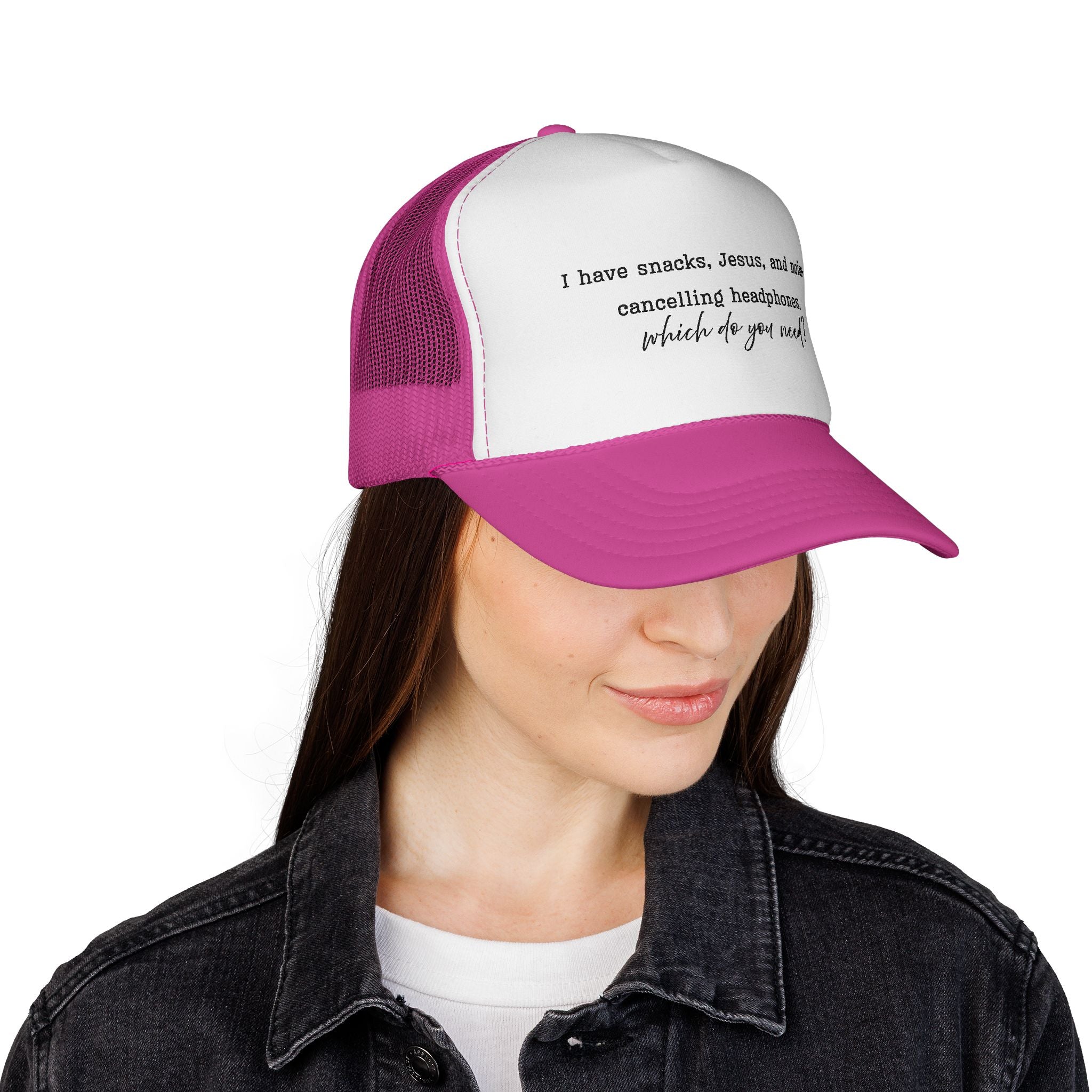 Trucker Hat — "I have snacks, Jesus, and noise‑cancelling headphones. Which do you need?"