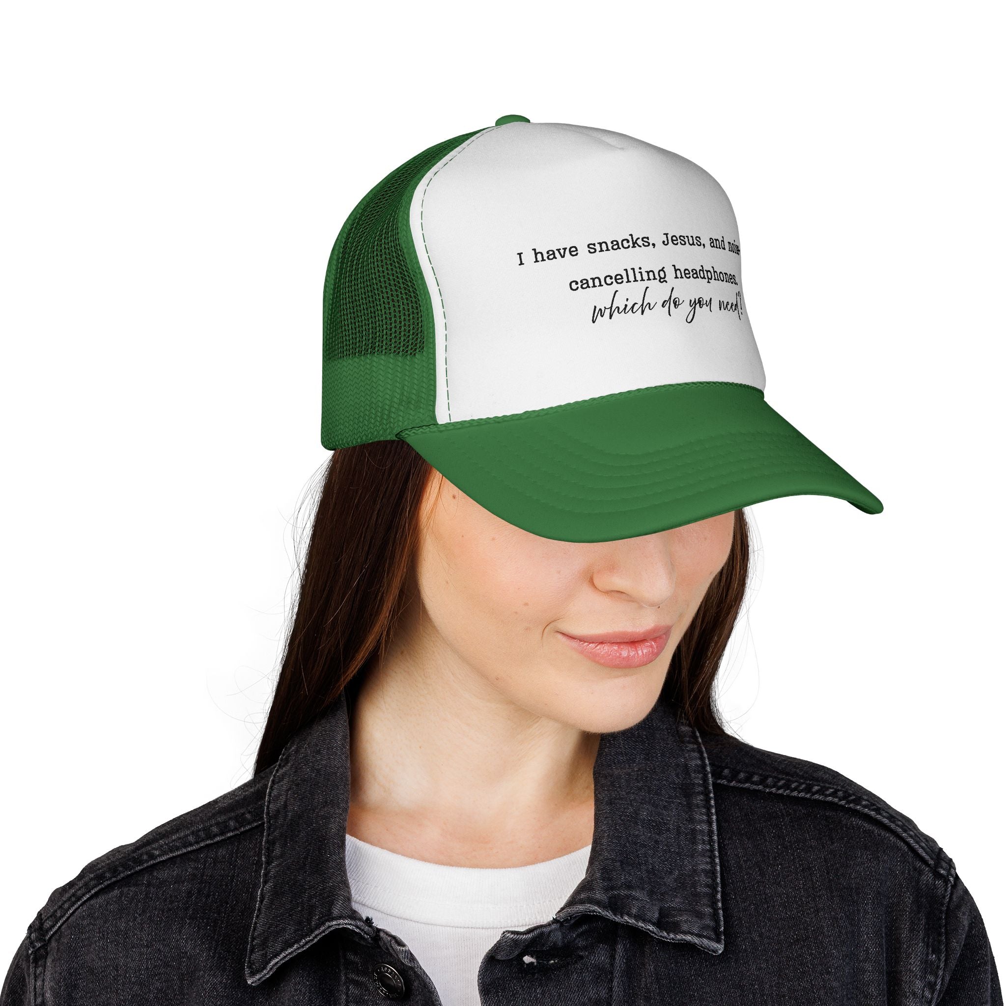 Trucker Hat — "I have snacks, Jesus, and noise‑cancelling headphones. Which do you need?"