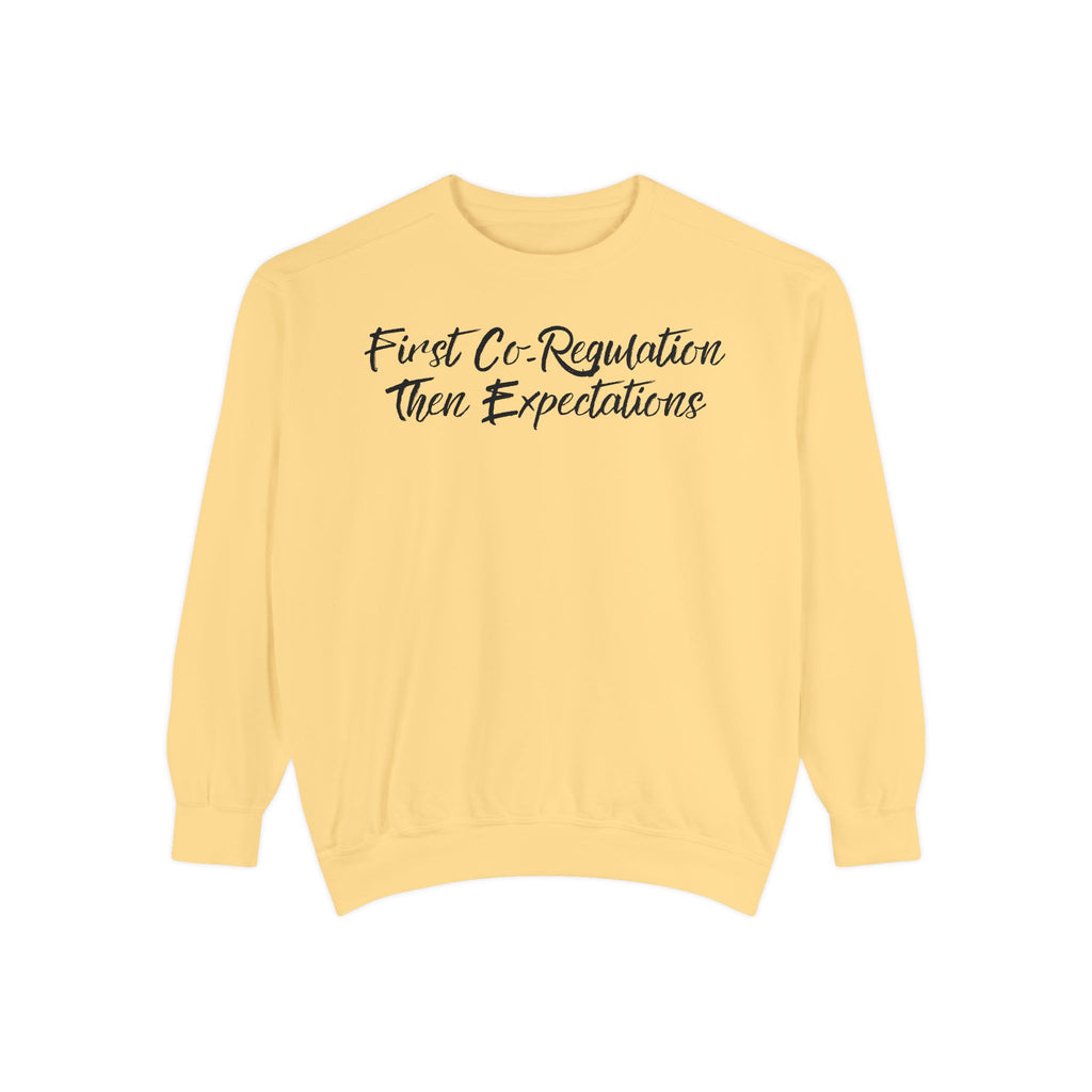 Sweatshirt — "First Co-Regulation Then Expectations" / "Calm Brains Work Better" Inspirational Crewneck