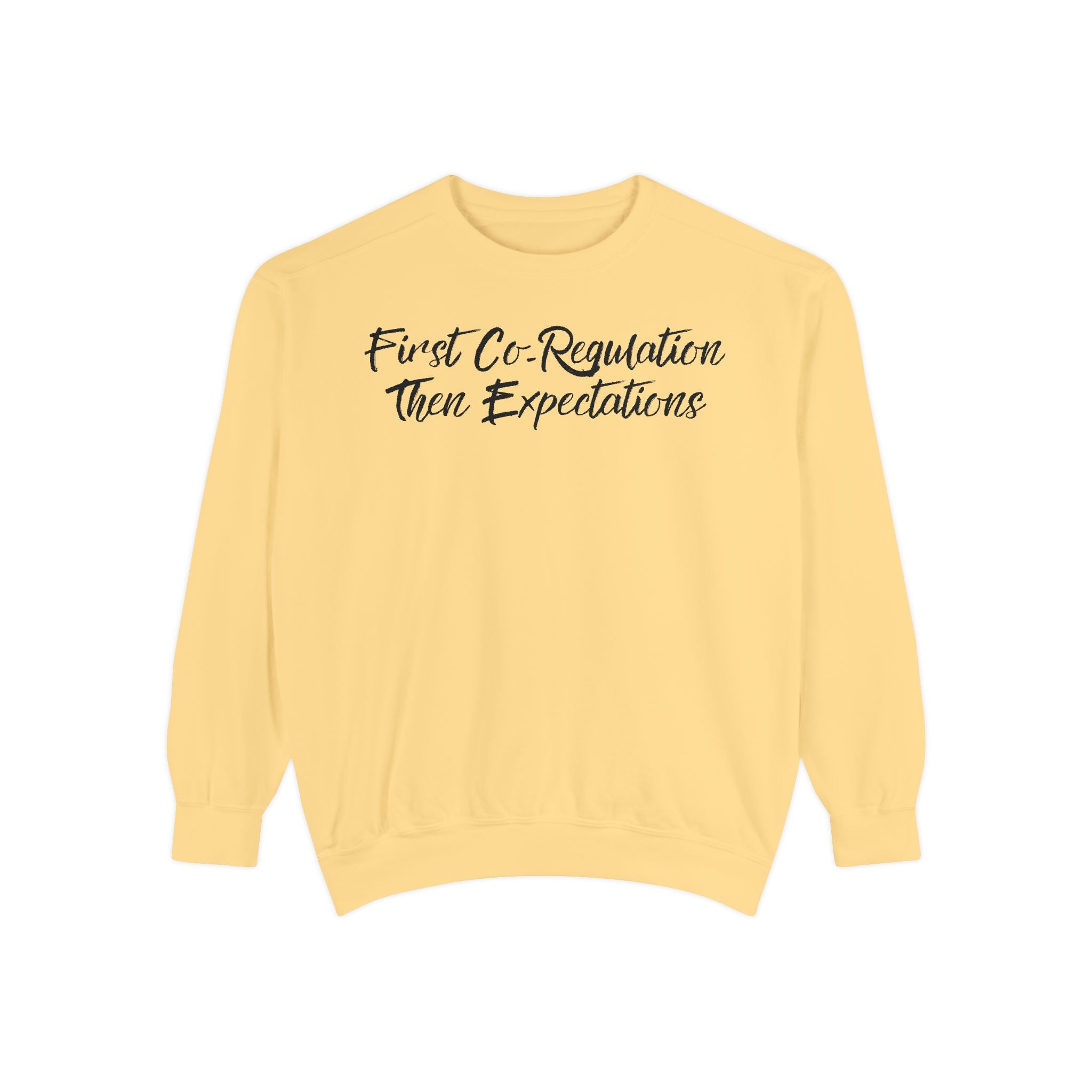 Sweatshirt — "First Co-Regulation Then Expectations" / "Calm Brains Work Better" Inspirational Crewneck