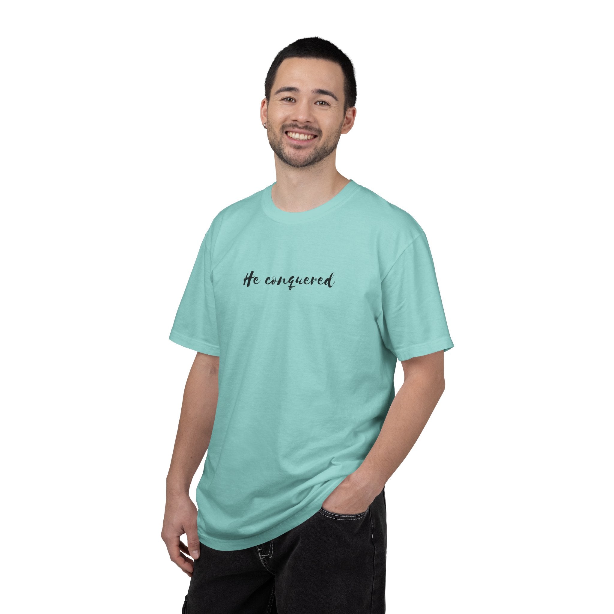He Conquered T-Shirt — Christian Scripture John 16:33 Inspirational Tee
