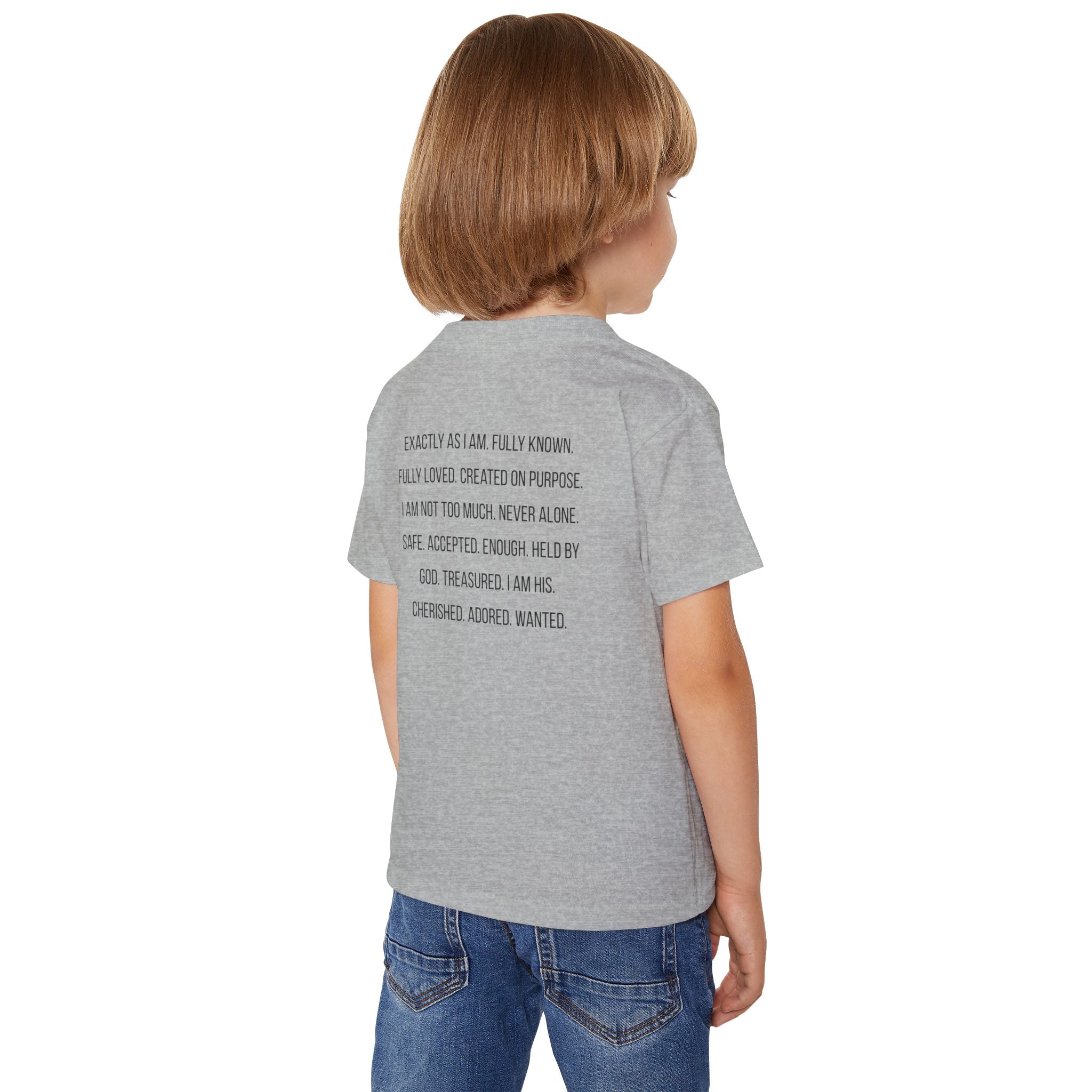 Toddler T-Shirt — “God Says I Am” Religious Affirmation Tee (Back Text: Encouraging Christian Statements)