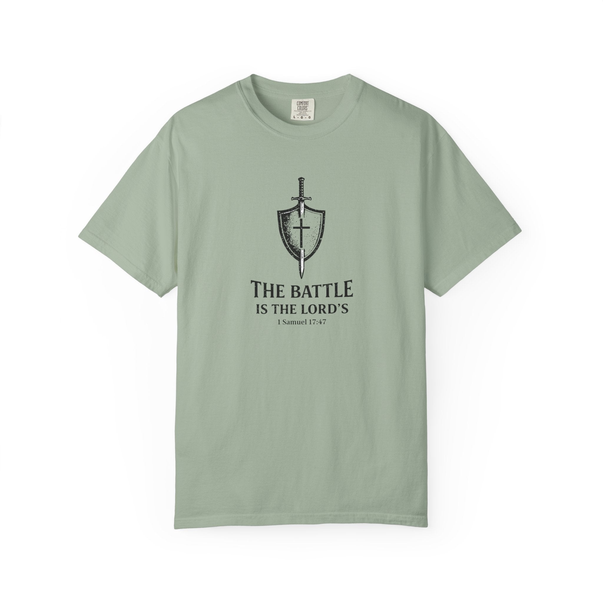 Christian Sword & Shield T-Shirt — “The Battle Is The Lord’s” (1 Samuel 17:47)