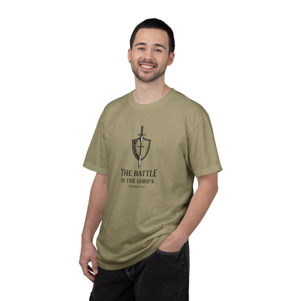 Christian Sword & Shield T-Shirt — “The Battle Is The Lord’s” (1 Samuel 17:47)
