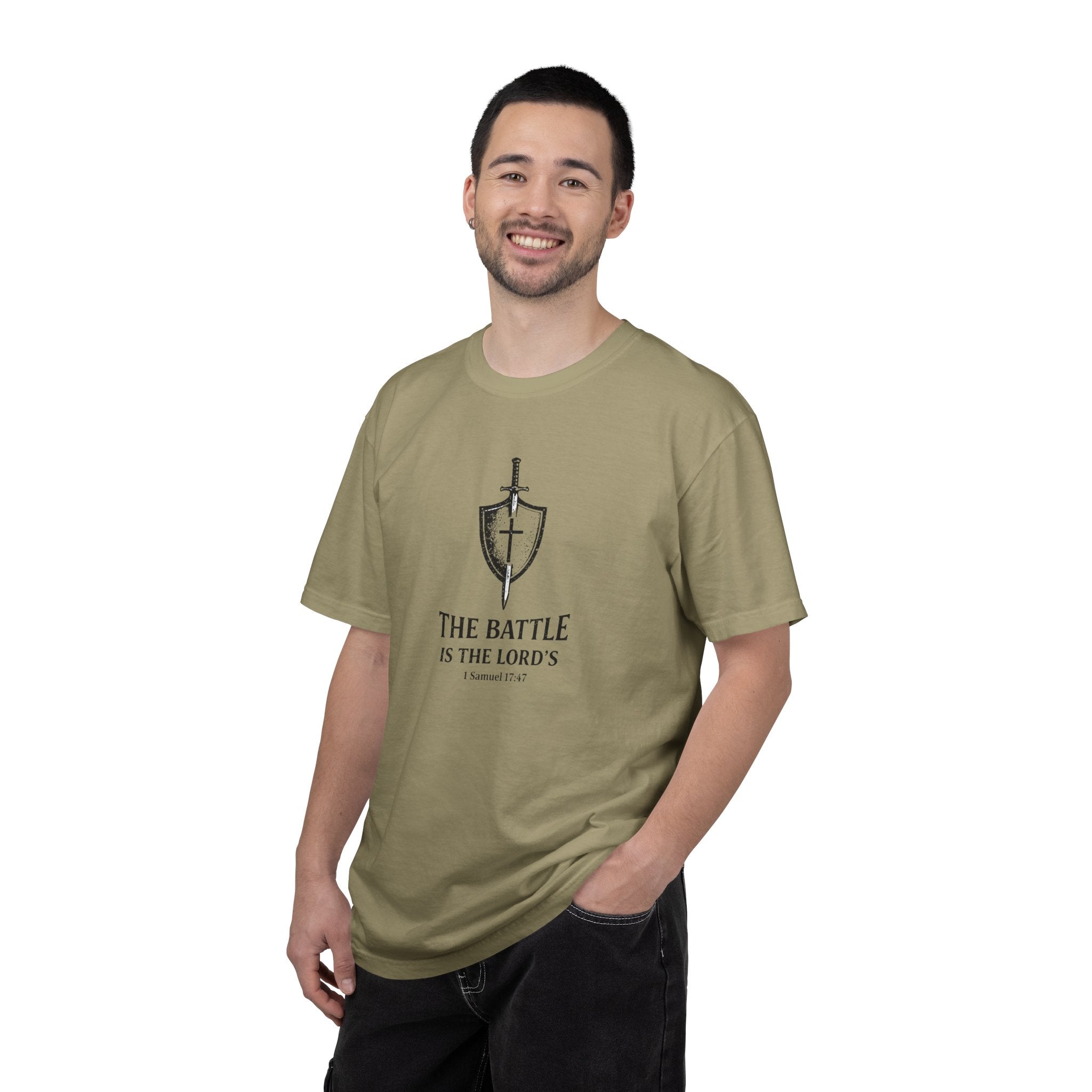 Christian Sword & Shield T-Shirt — “The Battle Is The Lord’s” (1 Samuel 17:47)