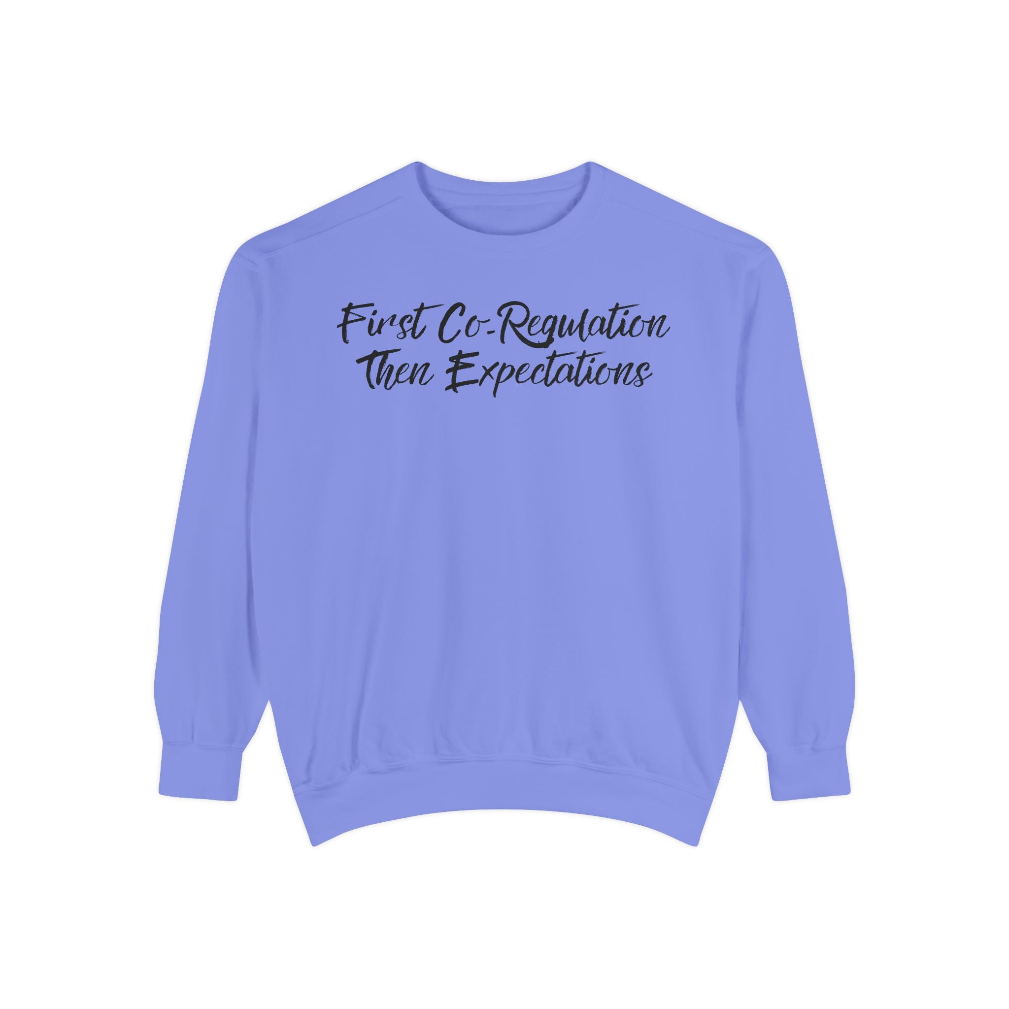 Sweatshirt — "First Co-Regulation Then Expectations" / "Calm Brains Work Better" Inspirational Crewneck