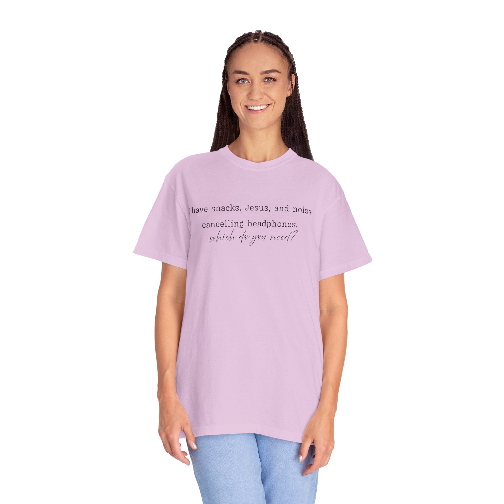 T-Shirt — "I have snacks, Jesus, and noise-canceling headphones. What do you need?" Inspirational Christian Graphic Tee