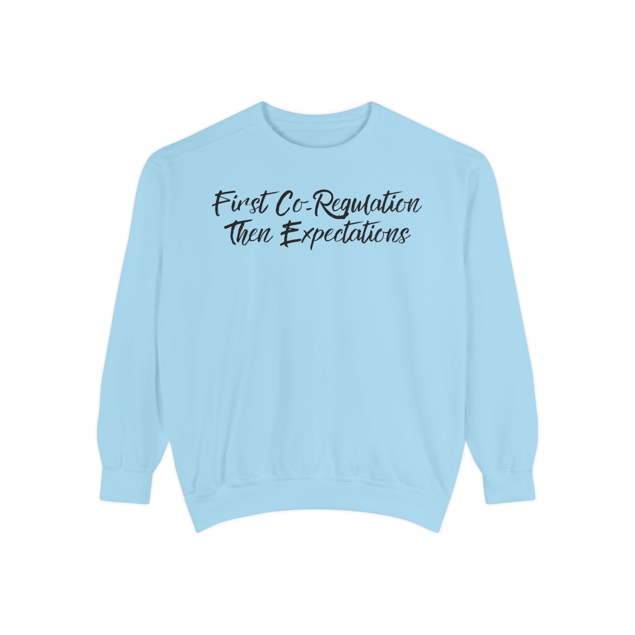 Sweatshirt — "First Co-Regulation Then Expectations" / "Calm Brains Work Better" Inspirational Crewneck