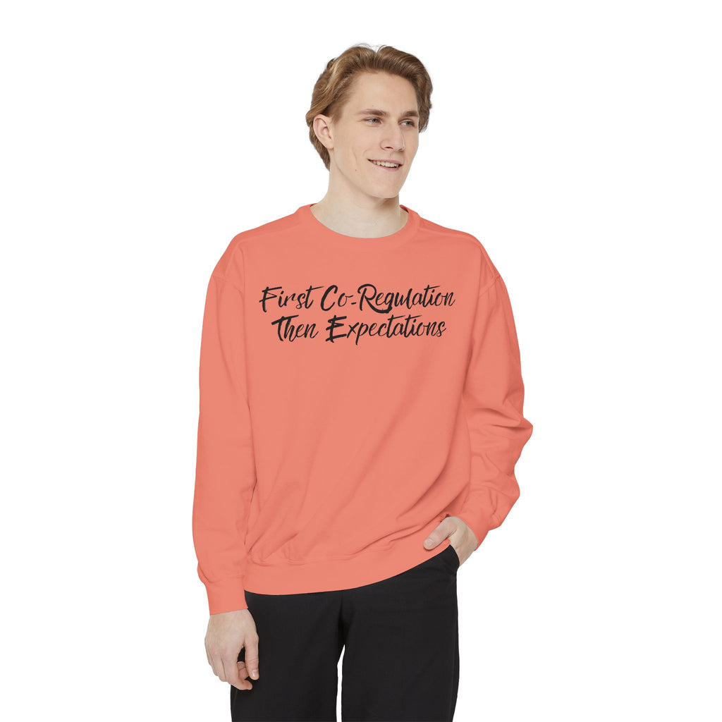 Sweatshirt — "First Co-Regulation Then Expectations" / "Calm Brains Work Better" Inspirational Crewneck