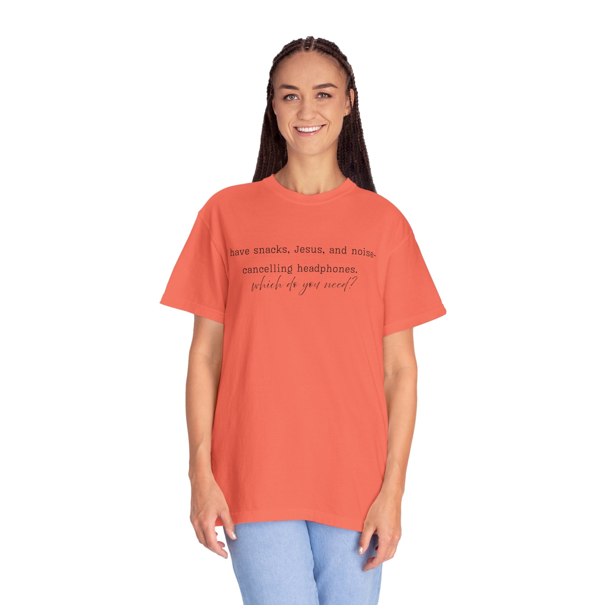 T-Shirt — "I have snacks, Jesus, and noise-canceling headphones. What do you need?" Inspirational Christian Graphic Tee