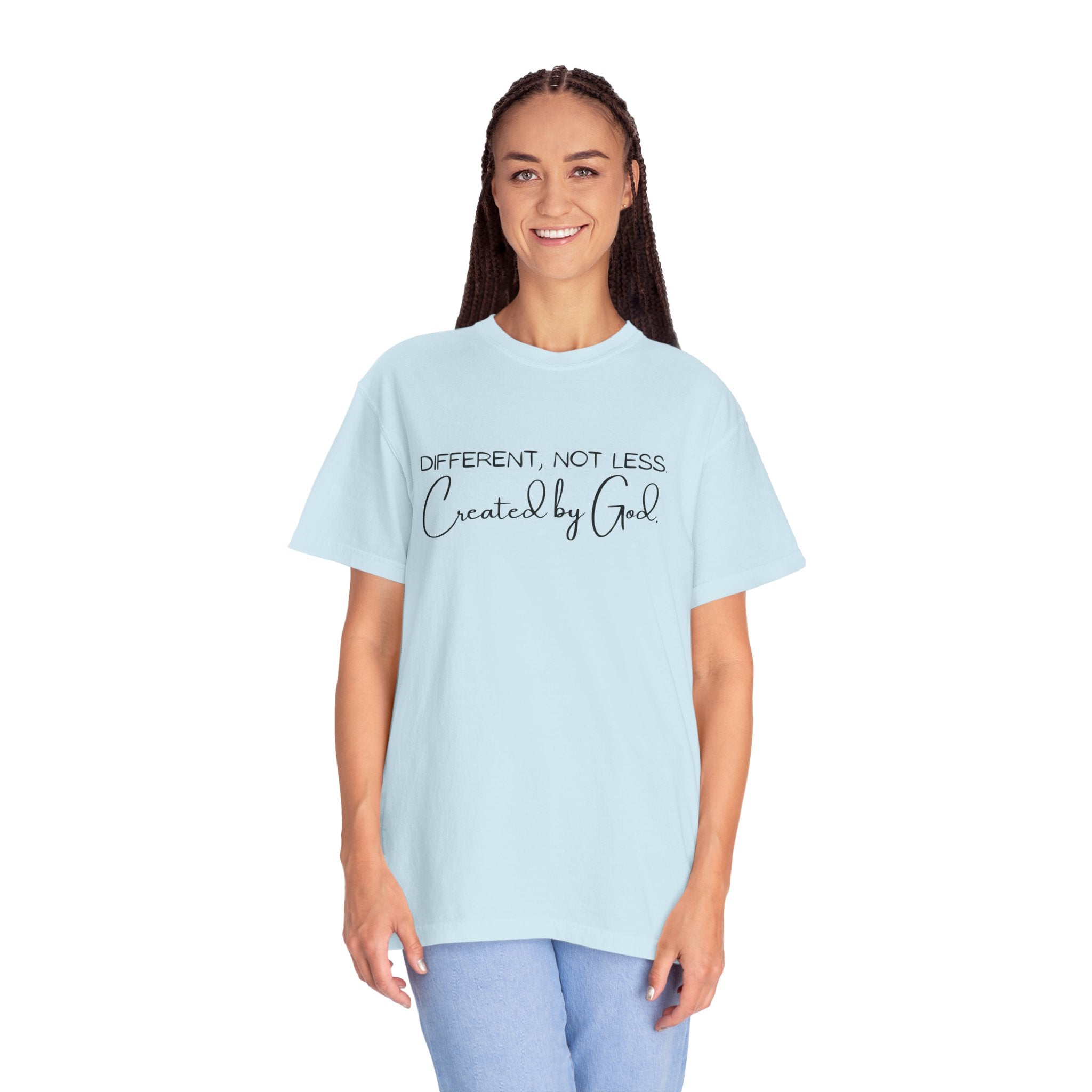 Created by God T-Shirt — "Different, Not Less" Christian Faith Tee