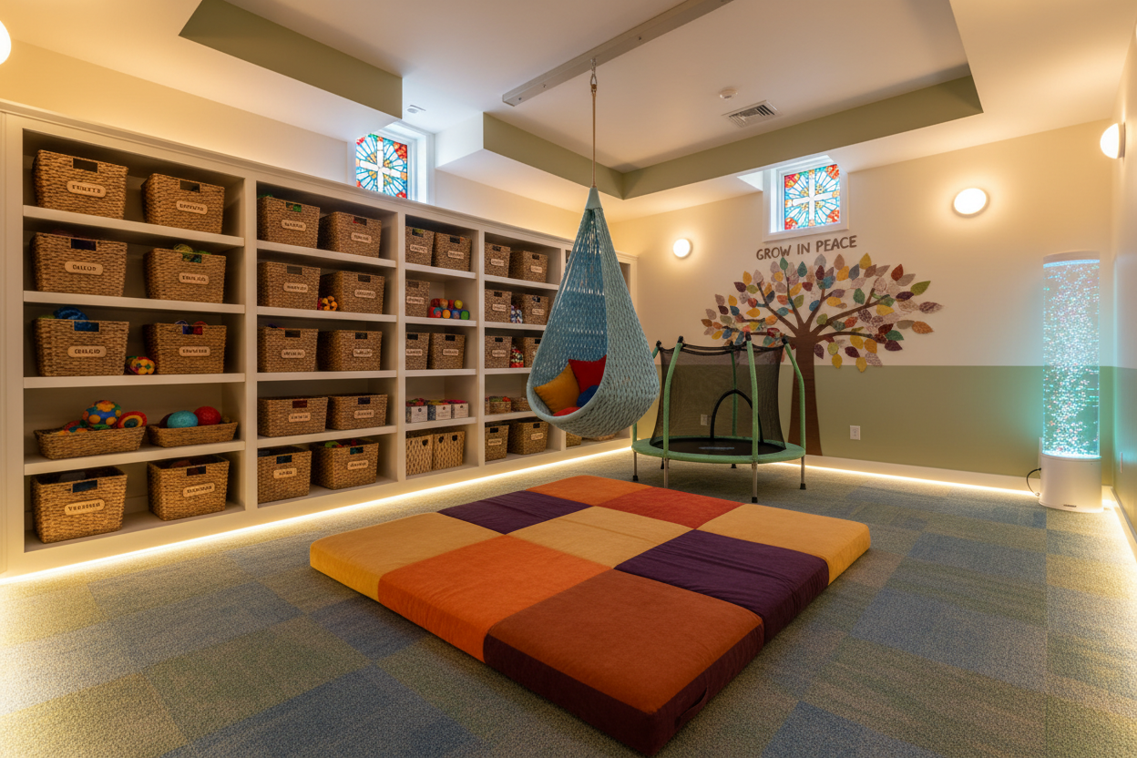 sensory room with crash pad, sensory swing, small trampoline, baskets on shelves that hold fidget toys and other small sensory items, lights and bubble sensory tube